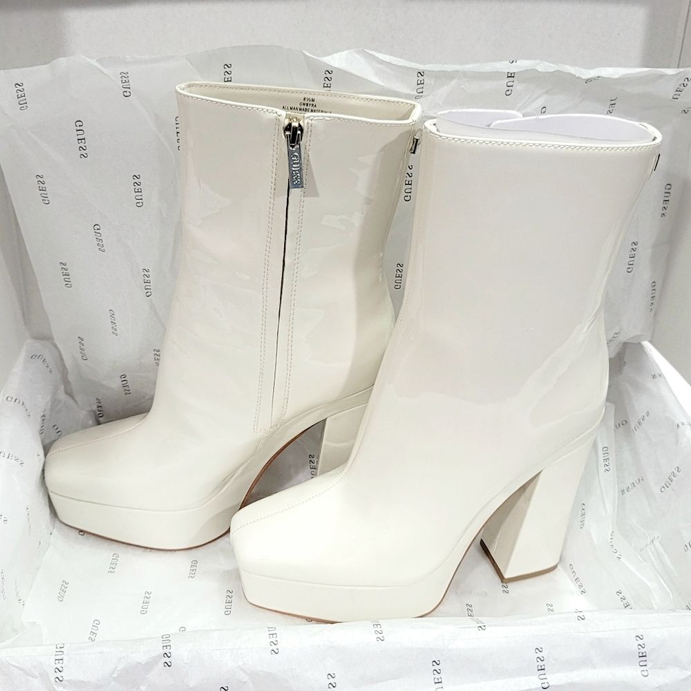 GUESS Women's Byra Zipper Square Toe Block Heel Platform Boots Ivory Sz 8.5 NIB